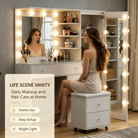 Ensemble table de maquillage moderne en MDF rose coiffeuse à 13 tiroirs miroir sur pied éclairé par LED pour la chambre à coucher et le salon