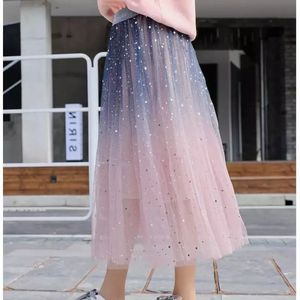 Nuove donne gradiente maglia Tutu <span class=keywords><strong>gonna</strong></span> da donna elegante con paillettes glitterato a strati Tulle Midi a linea per feste con stelle in maglia di paillettes - Product Image 2