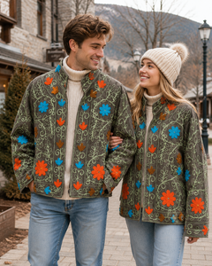 Handmade <b>Velvet</b> Embroidered Couples <b>Jacket</b> – Luxury Artisan Floral Winter Fashion Coat for <b>Men</b> & Women - Product Image 1