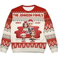 Dropshipping – Nouveauté : Sweat à capuche unisexe personnalisé effet 3D « Couple mignon avec enfants et chiens », style « Ugly Sweater », pour femme