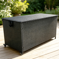 Banc de rangement d'extérieur en rotin avec couvercle verrouillable et roues mobiles pour coussins de piscine, vente en gros d'usine