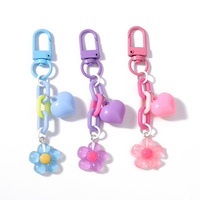 Gantungan Kunci Bunga Resin Kawaii Lucu Rantai Akrilik Warna-warni Liontin Hati Aksesoris Tas Wanita Perempuan Tali Gantungan Kunci