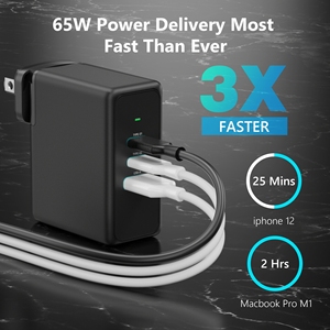 Chargeur pour ordinateur portable et téléphone portable 65W Type-C avec prises EU/US/UK/AU, charge rapide PD/QC, compatible avec les écouteurs - Product Image 6
