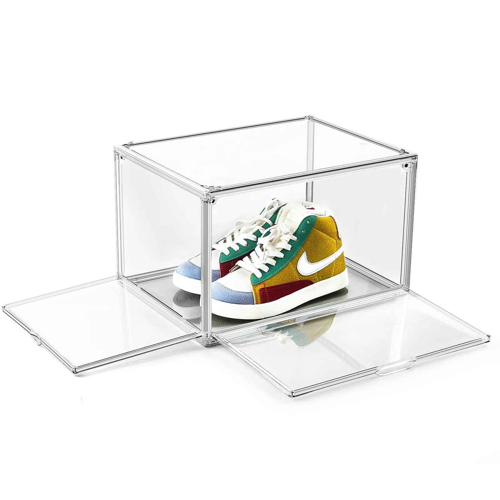 Acryl Magnetic Drop Side Open Tür Schuh Aufbewahrung behälter Box Faltbare Sneaker Organizer Fall für Schuh Transparent Karton PET