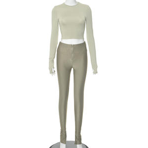 春秋冬季实心素色长袖紧身连身裤两件套女装休闲两件套女装套装 - Product Image 3