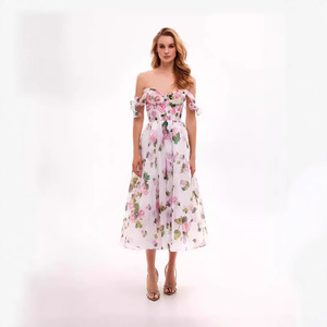 Vestido de Noche Midi de Organza con Estampado Floral y Hombros Descubiertos, Cintura Imperio, Capa Transparente, Vestido de Moda - Product Image 5