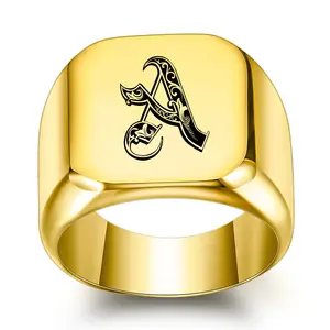 2024 European and American Personality Unique 18MM A to Z Letter Initial Ring Retro Punk Square 18K Gold Plated Jewelry Rings