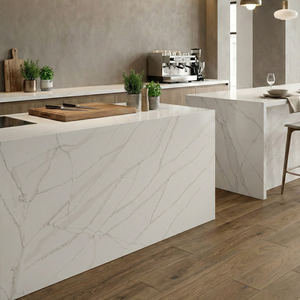Comptoir en quartz veiné épais au design cascade moderne OEM pour cuisine, villa, îlot de petit-déjeuner, réception - Product Image 2