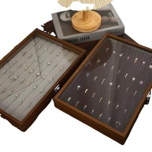 Modern Luxury Black Walnut Ring Jewelry Case 100 Ring Display Storage Case Support Wholesale Glass <b>Perspective</b> Jewelry Case - Product Image 2