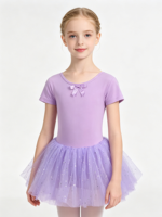 Vestido de Ballet con Tutú Morado de Manga Corta para Niñas Pequeñas, con Lentejuelas Brillantes, Tul, Spandex/Nailon, Estampado Digital, Leotardo para Danza Escénica