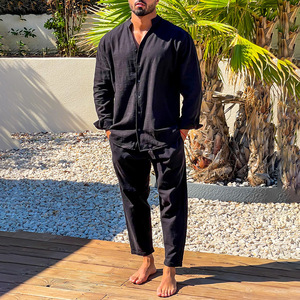 Nero cielo blu Cardigan da <span class=keywords><strong>uomo</strong></span> abiti Casual primavera autunno manica lunga <span class=keywords><strong>cotone</strong></span> linea pantaloni da <span class=keywords><strong>uomo</strong></span> Top Shirt 2 pezzi Set - Product Image 1