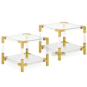 乔纳森·阿德勒奢华现代设计客厅家具拉丝黄铜雅克2层透明亚克力口音边桌