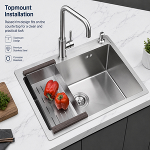 Lavello <span class=keywords><strong>da</strong></span> Cucina Personalizzato in Acciaio Inox SUS304 Spazzolato 24x18x8.4 Pollici con Scarico e Troppopieno, Lavello <span class=keywords><strong>da</strong></span> <span class=keywords><strong>Esterno</strong></span> con Foro Singolo per Mobile Cucina - Product Image 2
