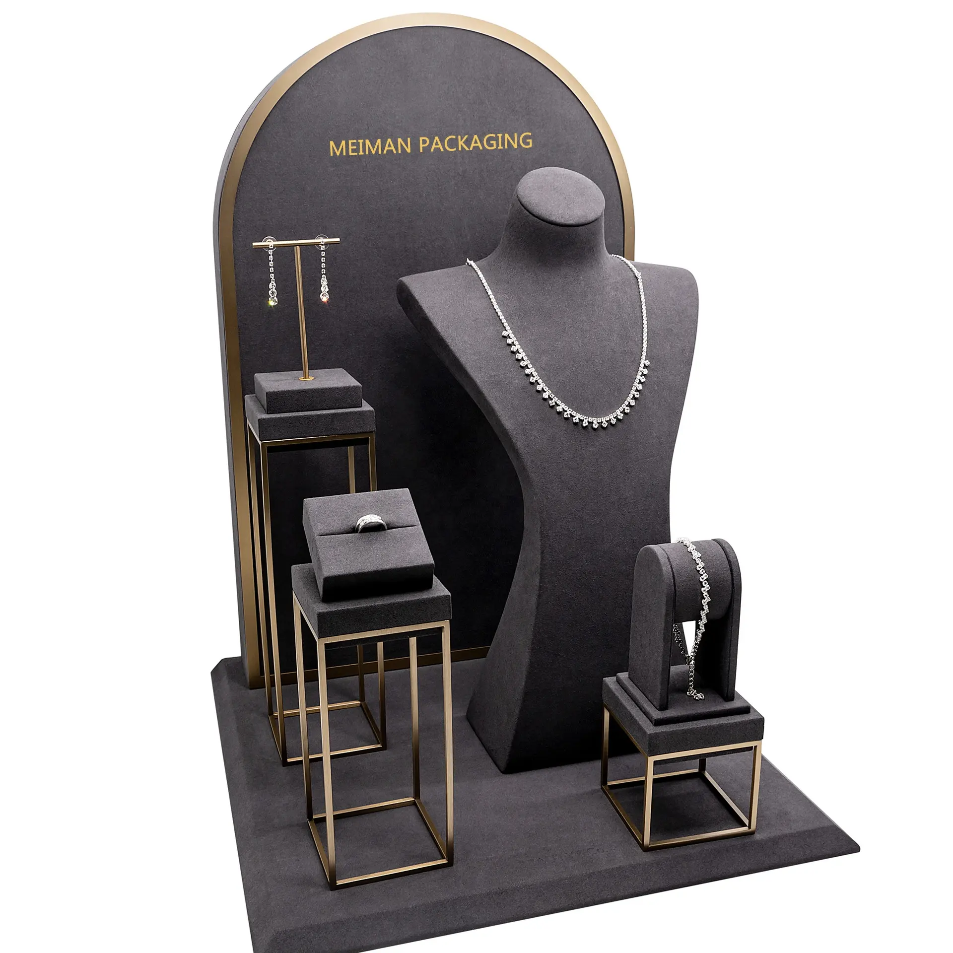 Großhandel benutzer definierte Holz Luxus Schmuck Display Stand Design Schmuck Display Set Ring halter für Shop