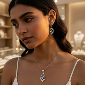 Ensemble collier et boucles d'oreilles en argent 925 plaqué argent avec diamants en forme de goutte pour femme, bijoux de mariage classiques, sertissage pavé, géométrique, marquise - Product Image 3