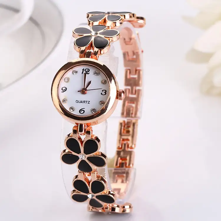 Latest watch model alloy case rose gold plating flower watch lady women for sale