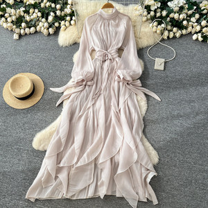 <strong>Romantic</strong> Bow <strong>Dress</strong> Women Long Sleeve Ruffle Hem Knit Waist Tie Elegant Gown Fall Winter Fashion - Product Image 1