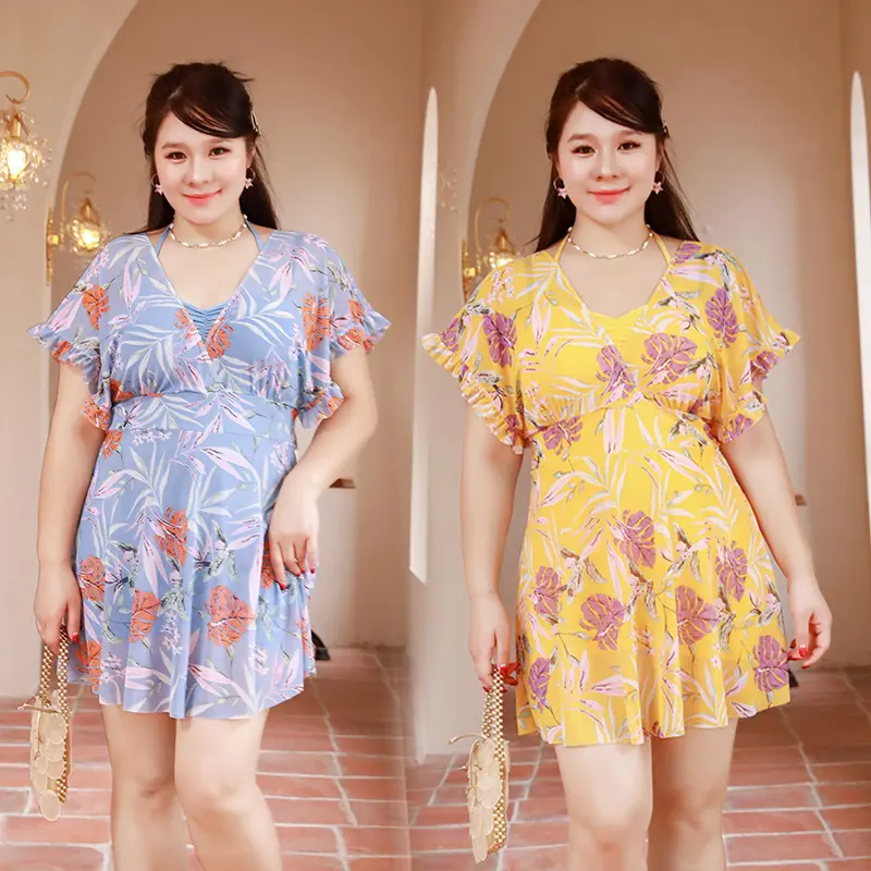 One-piece swimsuit sweet casual print plus size conservative swimsuit hides flesh and slimming mom style