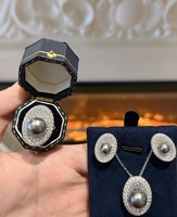 Ensemble de bijoux pour femmes en argent sterling 925 massif, style Tahiti, perle imitation grise à haute brillance, entièrement pavé de zircon