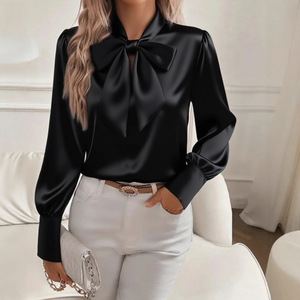 2026 Sitio Independiente para la Blusa/Top de Mujer Más Vendida, Linda, de Otoño, de Manga Larga, con Lazo, de Satén, Lavable - Product Image 2