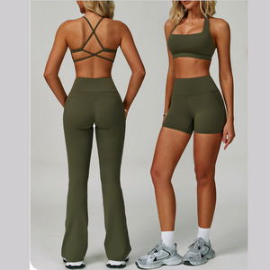 Conjunto de Yoga y Fitness Personalizado, Estilo Deportivo, Sin Espalda, Cuello Halter, Ajustado, Leggings y Pantalones Acampanados - Product Image 3
