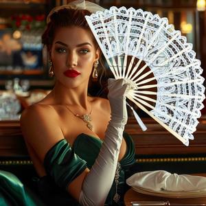 Abanicos de mano de boda de encaje personalizado de 27cm de alta calidad con mango de Bambú - Product Image 1