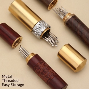 Étui à aiguilles en bois, <span class=keywords><strong>tube</strong></span> de rangement pour aiguilles à coudre en laiton, outil portable pour le travail du cuir - Product Image 4