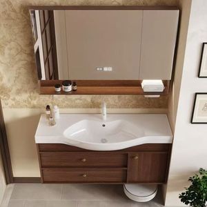 Mueble de Baño Qt de Madera de Nogal con Lavabo de Cerámica de una Pieza, Espejo con Luz, Personalizable - Product Image 2