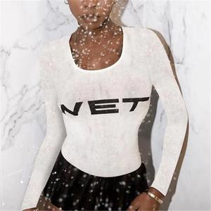 <strong>Women's</strong> Summer Casual Knitted Long Sleeve <strong>T</strong>-<strong>Shirt</strong> Wet Letter Print White Transparent Crew Neck Slim Fit Short Y2K Eco-Friendly - Product Image 2