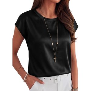 Womens Silk Satin Top Cap Sleeve Crew Neck Anti-Wrinkle Office Casual <b>Blouse</b> Summer Outfit - Product Image 3