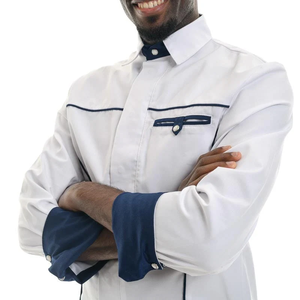 Uniforme de Chef de Alta Calidad para Restaurante, Uniforme de Cocina Unisex de Sarga 100% Algodón, Chaqueta de Chef Azul Marino y Blanco - Product Image 5
