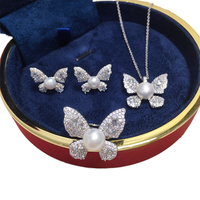 SHDIYAYUN Vente chaude Ensemble de bijoux de luxe en zircon, papillon féerique, perle d'eau douce naturelle, boucles d'oreilles, collier, bagues