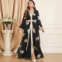 3371 dame broderie florale ceinturée caftan marocain fête arabe femmes robe fendue à manches longues Ramadan Eid musulman deux pièces Abaya