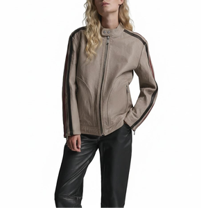 <b>Women</b> Premium Sheepskin Racing <b>Jacket</b> – Beige With Maroon & Black Stripes | Luxury Real Leather Motorcycle & Biker <b>Jacket</b> - Product Image 1