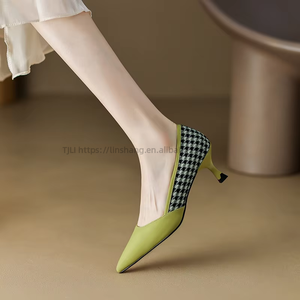 High <b>Heels</b> New Spring and Autumn Pointed Single Thousand Bird Lattice Temperament Fine <b>Heel</b> Women's Shoes - Product Image 3