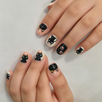 Faux ongles carrés en ABS à pression pour enfants, motif chat noir, réutilisables, courts, pour filles, vente en gros