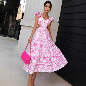 Vestido Largo Estampado con Aberturas para Mujer Estilo Europeo-Americano, Cuello Corazón, Mangas con Volantes, Cintura Imperio, Estilo Casual Diario Transpirable - Product Image 2