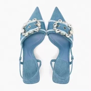 Nuove donne <span class=keywords><strong>blu</strong></span> <span class=keywords><strong>Navy</strong></span> Denim Slingback tacchi alti <span class=keywords><strong>sandali</strong></span> Design a punta fibbia decorazione leggera traspirante per la primavera - Product Image 2