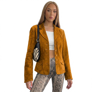Women's Double-Breasted Genuine Sheepskin Winter <b>Blazer</b> Jacket Autumn <b>Green</b> Suede Plain Dyed Solid Pattern Windproof Button Silk - Product Image 3
