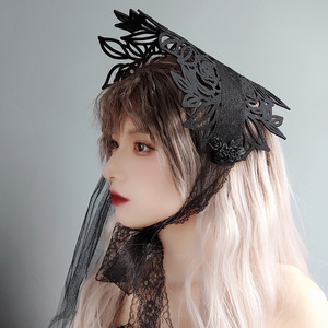 Lolita Fashion French Death Witch One-Piece Bowler Hat Halloween <b>Rose</b> Topper 100% Cotton Felt Cloth Cosplay Hair Accessories - Product Image 3