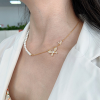 INS tendance perle de coquillage perle papillon bijoux psj en laiton plaqué or 18k Zircon cubique chaîne colliers de charme pour femmes dame