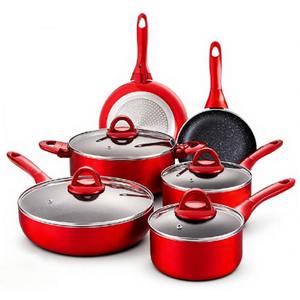 Juego de 10 Piezas de Utensilios de Cocina Antiadherentes, Juego de <span class=keywords><strong>Ollas</strong></span> Rojas para el Hogar, Juego de Olla para Leche, Olla para Sopa, Sartén con Tapa de Vidrio - Product Image 1
