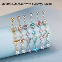 Piercing de nombril en acier inoxydable et cuivre avec pendentif papillon en zircon, breloque colorée, bijoux de piercing corporel pour femme