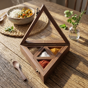 Handmade Sheesham Wood Triangle Spice <b>Box</b> Glass Lid Food Grade Dishwasher Safe Durable Masala Storage <b>Herb</b> Spice Tools - Product Image 3
