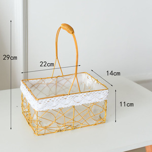 Handheld Wire Flower <b>Basket</b> 22x14x11cm Gold Frame With Lace Lining Storage <b>Basket</b> For Valentine's Day Decor - Product Image 1
