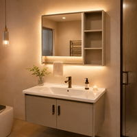 Meuble-lavabo mural pour projet hôtelier avec miroir rétroéclairé LED, étagère latérale ouverte et porte-serviettes – Fournisseur pour commandes en gros usine