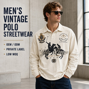 Polo de <span class=keywords><strong>Manga</strong></span> <span class=keywords><strong>Larga</strong></span> para <span class=keywords><strong>Hombre</strong></span>, Algodón Grueso, Estilo Vintage Ecuestre, Bordado, Desgastado, Streetwear, Logotipo Personalizado, Venta al Por Mayor - Product Image 3