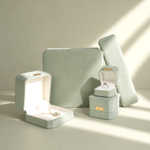 Zebopak Sage Green Velvet <b>Necklace</b> <b>Box</b> Set with Ring Pendant Gold Metal Label Storage Case <b>Gift</b> Packaging Supplier - Product Image 1