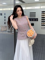Nuevo Vestido Midi Elegante de Verano 2026 para Mujer, Sin Mangas, con Cuentas, Top de Tweed, Falda Plisada de Gasa, Vestido Casual Holgado con Cinturón