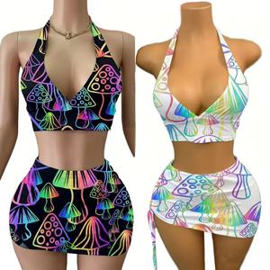 Ensemble deux pièces haut licou et <span class=keywords><strong>jupe</strong></span> motif champignon néon UV, réactif aux UV, tenue pour femme pour festivals et soirées rave - Product Image 1